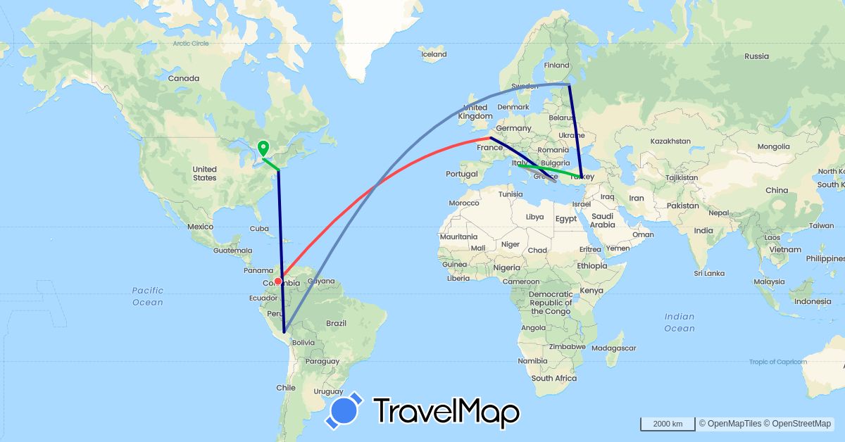 TravelMap itinerary: driving, bus, plane, cycling, hiking in Canada, Colombia, France, Greece, Italy, Peru, Russia, Turkey, United States (Asia, Europe, North America, South America)